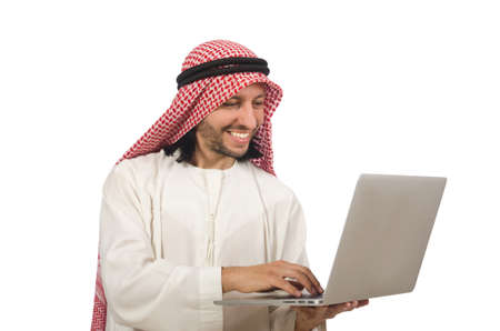 Arab man with laptop isolated on whiteの写真素材