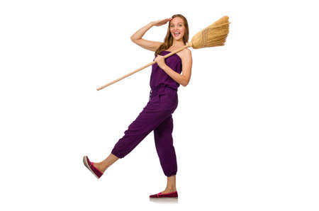 Housewife with broom isolated on whiteの写真素材