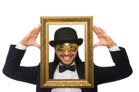 Funny man with picture frame on whiteの写真素材
