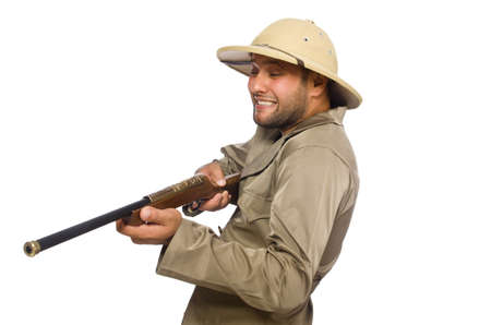 Safari hunter isolated on whiteの写真素材