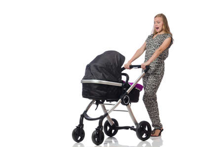 Happy mom with her baby in pram