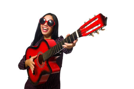 Woman guitar player isolated on whiteの写真素材