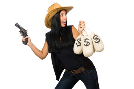 Young woman with gun and money sacks