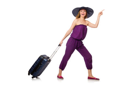 Woman with suitcase isolated on whiteの写真素材