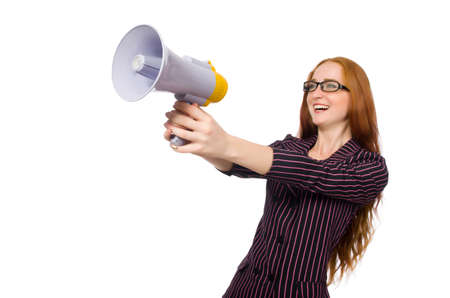 Young businesswoman with loudspeaker on whiteの写真素材