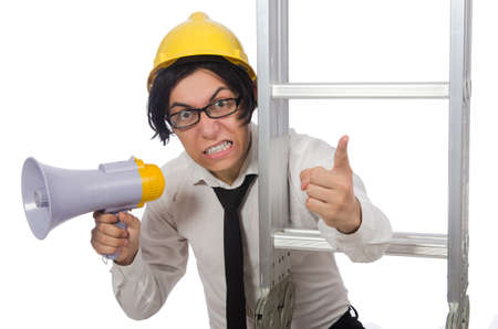 Construction worker in funny concept on whiteの写真素材