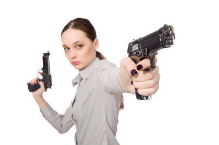 Young businesswoman in funny concept on whiteの写真素材