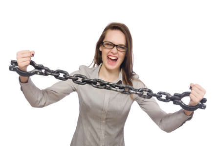 Young businesswoman in funny concept on whiteの写真素材