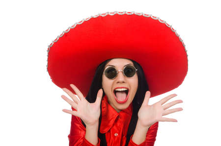 Mexican woman in funny concept on whiteの写真素材
