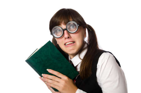Funny nerd student isolated on whiteの写真素材