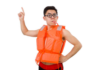 Funny man wearing orange safety vestの写真素材