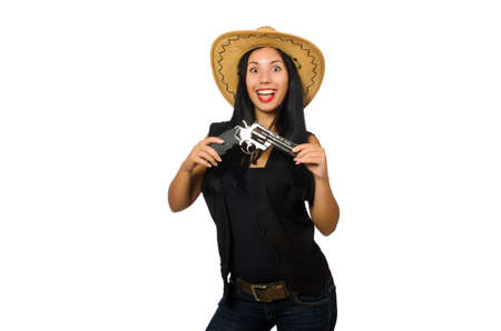 Young woman with gun isolated on whiteの写真素材