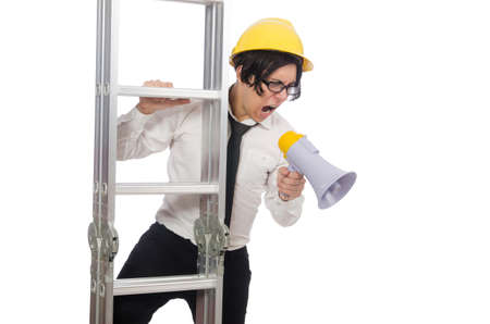 Construction worker in funny concept on whiteの写真素材