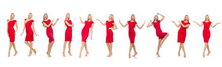 Woman in red dress isolated on whiteの写真素材