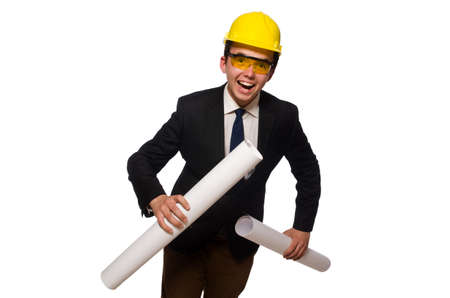 Funny architect with drawings on whiteの写真素材