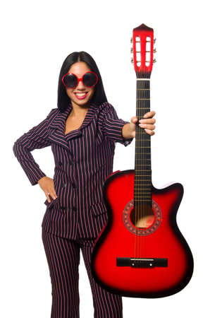 Woman guitar player isolated on whiteの写真素材
