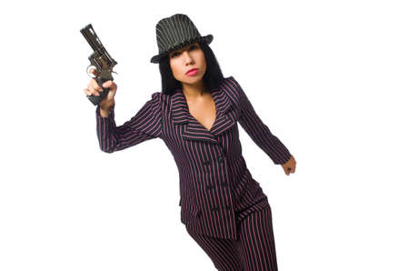Gangster woman with gun isolated on whiteの写真素材