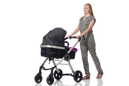 Happy mom with her baby in pram