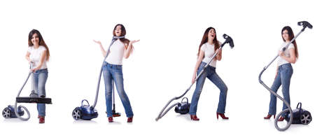 Collage of woman cleaning with vacuum cleanerの写真素材
