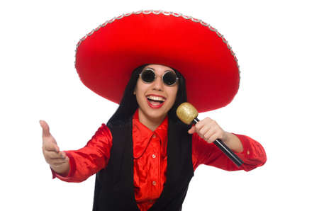 Mexican woman in funny concept on whiteの写真素材