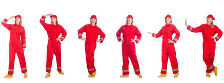 Woman in red overalls isolated on whiteの写真素材