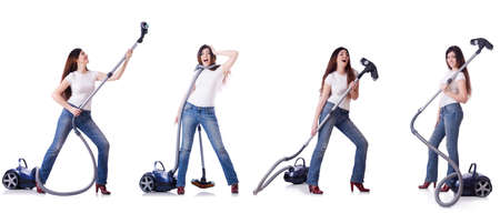 Collage of woman cleaning with vacuum cleanerの写真素材