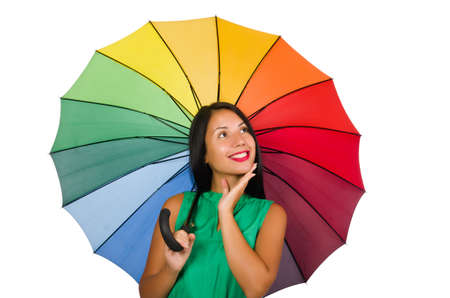 Woman with umbrella isolated on whiteの写真素材