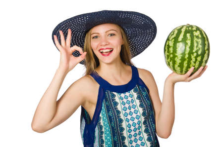 Woman eating watermelon isolated on whiteの写真素材
