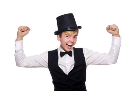 Young man in black classic vest and hat isolated on whiteの写真素材