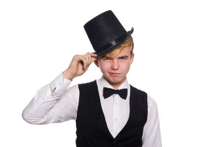 Young man in black classic vest and hat isolated on white