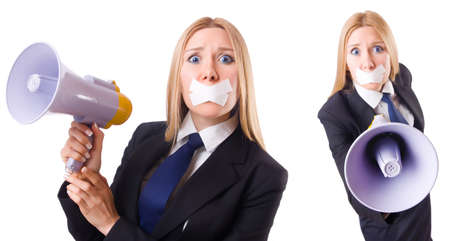 Businesswoman in censorship concept isolated on white