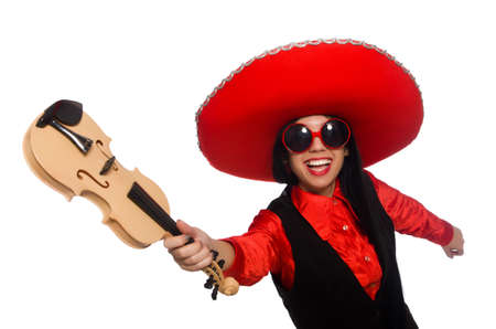 Mexican woman with violin isolated on whiteの写真素材
