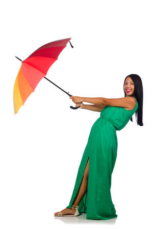 Woman with umbrella isolated on whiteの写真素材