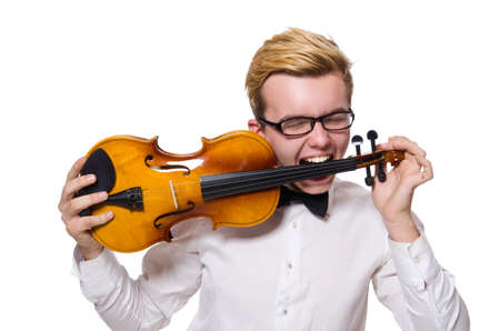 Young funny violin player isolated on whiteの写真素材