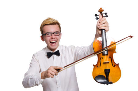 Young funny violin player isolated on whiteの写真素材