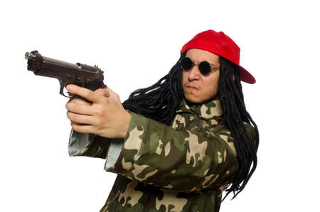 Funny guy with gun isolated on white