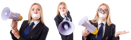Businesswoman in censorship concept isolated on whiteの写真素材