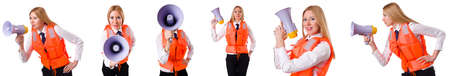 Young woman with vest and loudspeaker on whiteの写真素材
