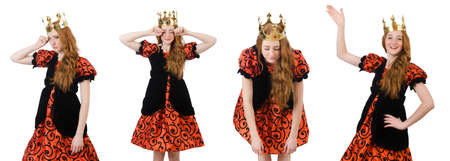 Funny woman queen wearing crown on whiteの写真素材
