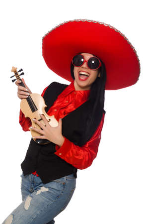 Mexican woman with violin isolated on whiteの写真素材