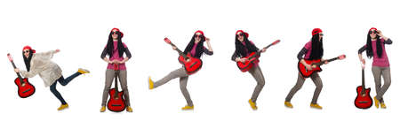 Hipste guitar player isolated on whiteの写真素材