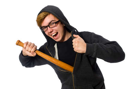 Aggressive man with baseball bat isolated on whiteの写真素材