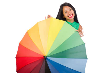 Woman with umbrella isolated on whiteの写真素材