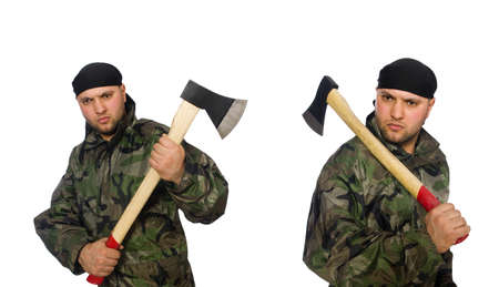 Soldier with axe isolate on whiteの写真素材