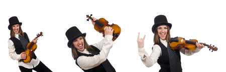 Woman violin player isolated on whiteの写真素材