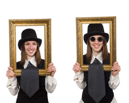 Woman with picture frame isolated on whiteの写真素材