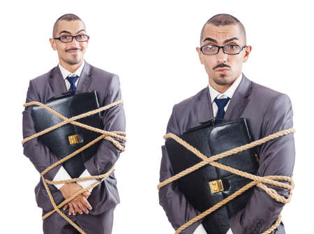 Man tied up isolated on white