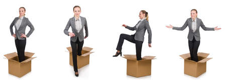 Composite image of woman with boxes on whiteの写真素材