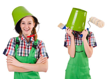 Funny woman painter isolated on whiteの写真素材