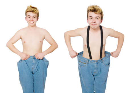 Funny man with trousers isolated on whiteの写真素材